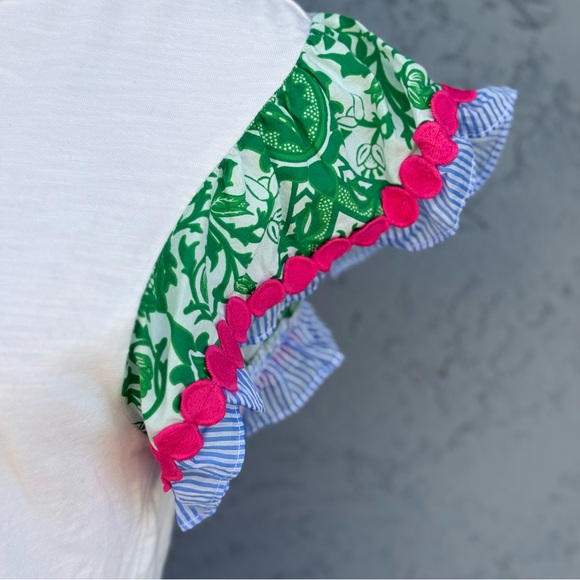 THML White Flutter Sleeve Top with Green Floral Blue Stripe and Pink Accents M - Picture 4 of 6
